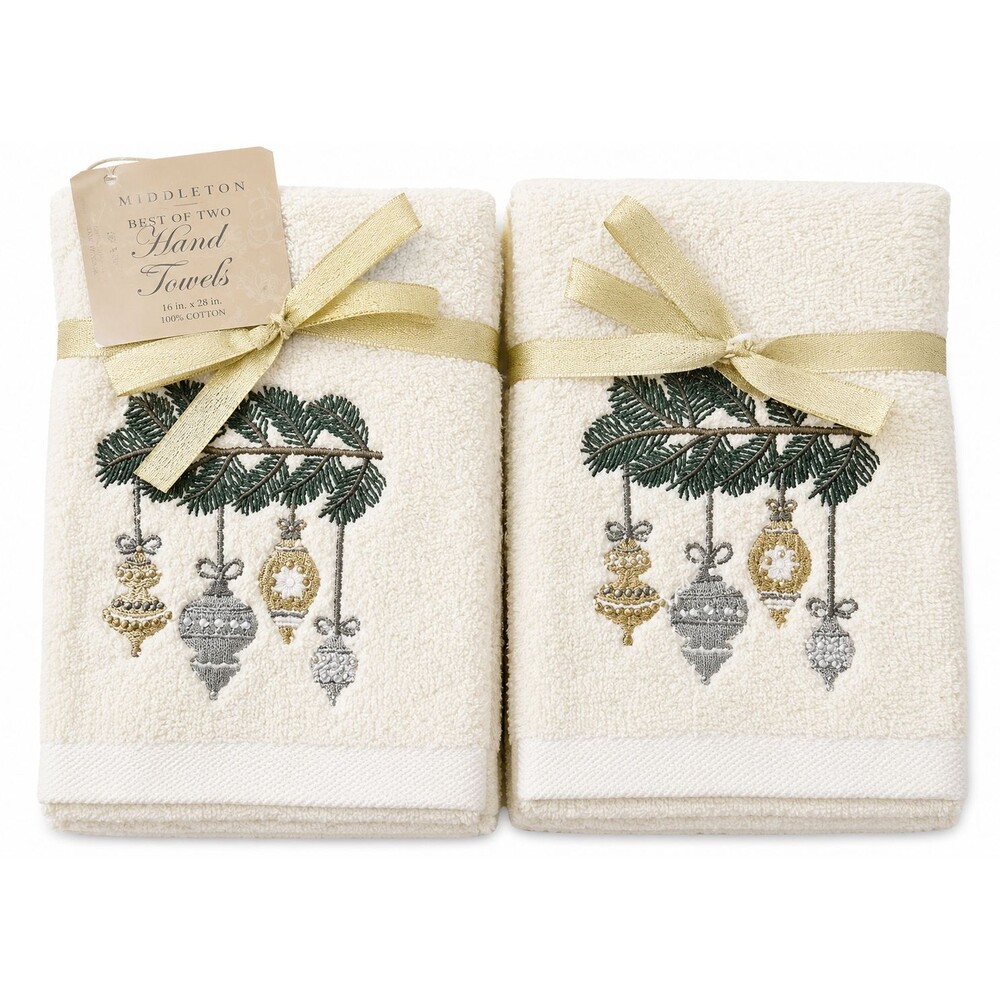 Christmas Hand Towels Set of 2 Embroidered Rhinestone Ornaments Evergreen Bough
